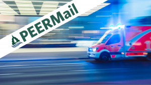 PEER Mail Banner with red ambulance truck racing by with blue lights